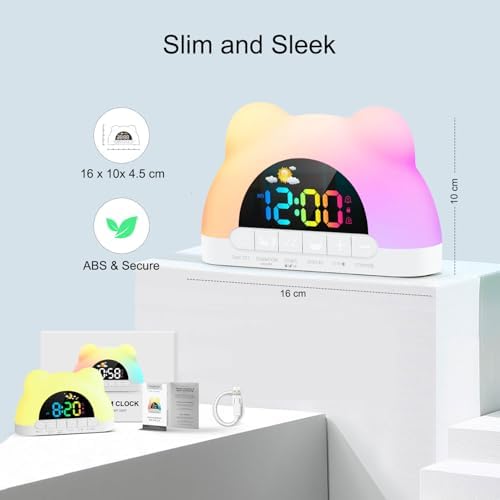 Azyh Kids Digital Alarm Clock Sleep Trainer for Girls Boys with 11 RGB Night Light, 10 Sound Effects, Dual Alarms, Snooze, Plug-in, 12/24H