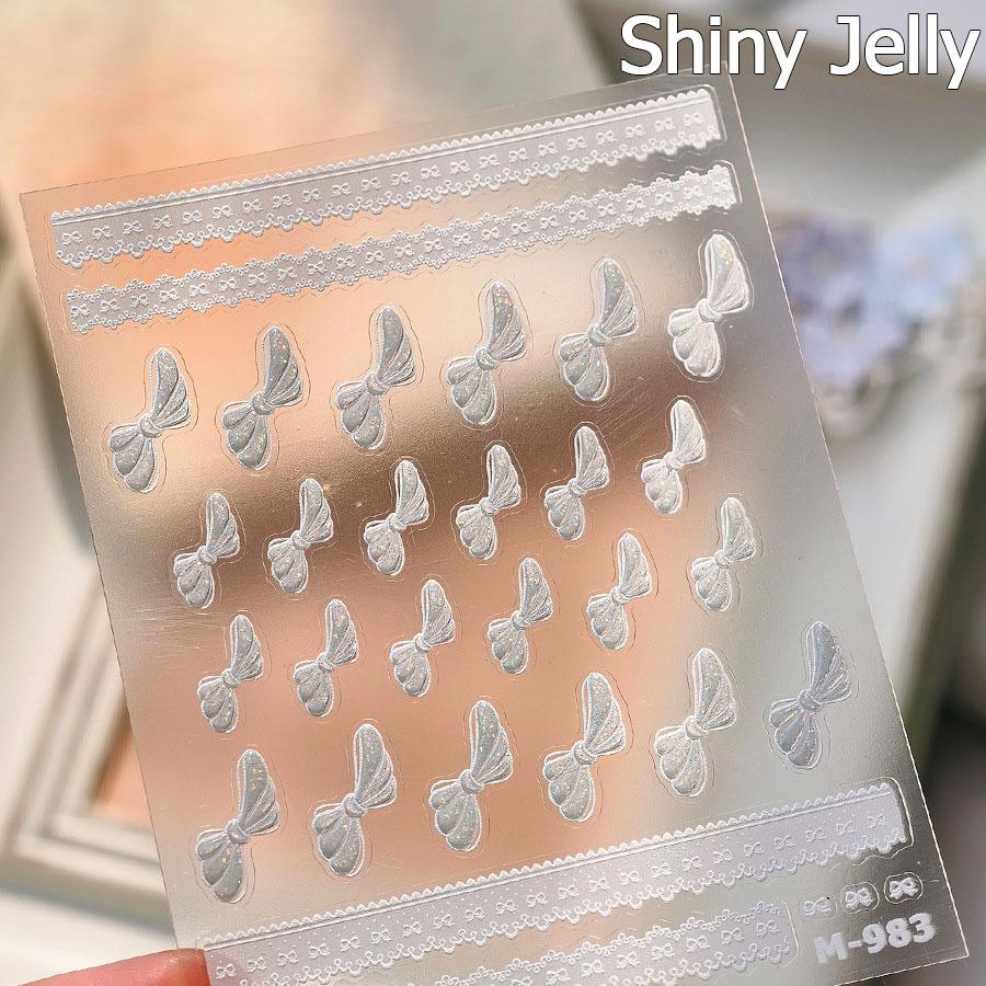 Shiny Polarized White Ribbon Bowknot Stars Tassel 3D Self Adhesive Nail Art Stickers Lovely Bow 5D Embossed Manicure Decals