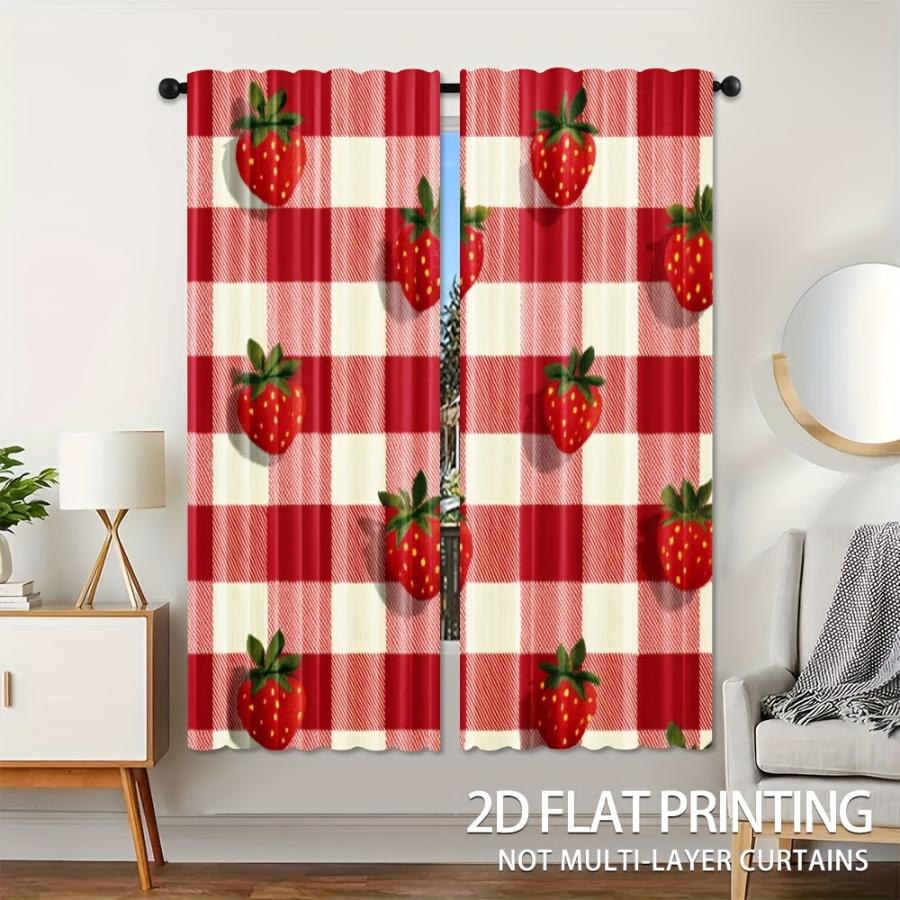 Digital Printed Curtains with Strawberry Plaid Design, Stylish Window Drapes for Living Room Bedroom Home Decoration