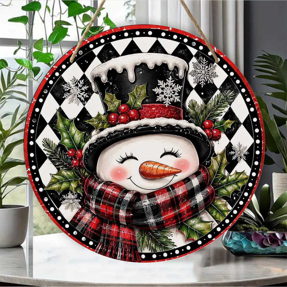 Snowman winter plaid patterned Round Wooden Hanging Plaque farmhouse wall art front door sign holiday Christmas home decor indoor outdoor ornaments