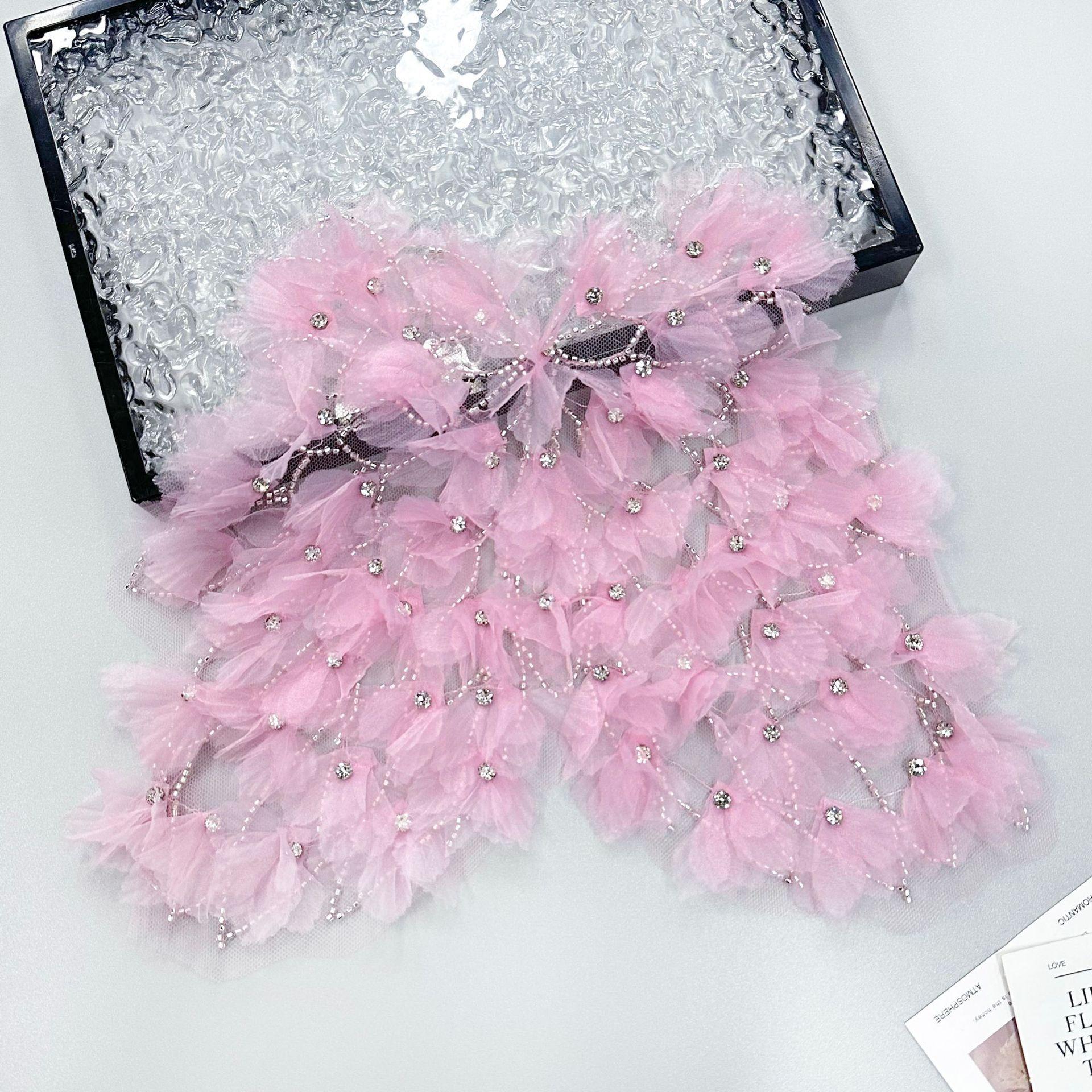 

Exquisite Beaded Rhinestone Chiffon Flower Decorative Cloth Sticker Clothing Dress Wedding Dress Suspender Accessories Front Collar Cloth Sticker H8109 Pink
