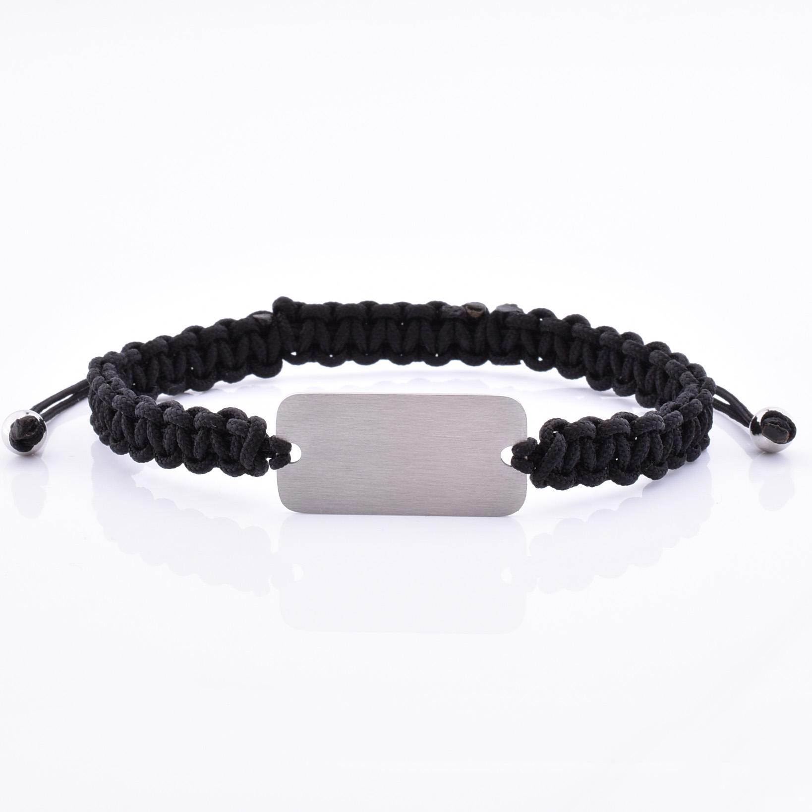 Fast Delivery Trendy Braided Silver Rectangle Metal Men Jewellery Black Macrame Bracelet Adjustable size&Brushed silver