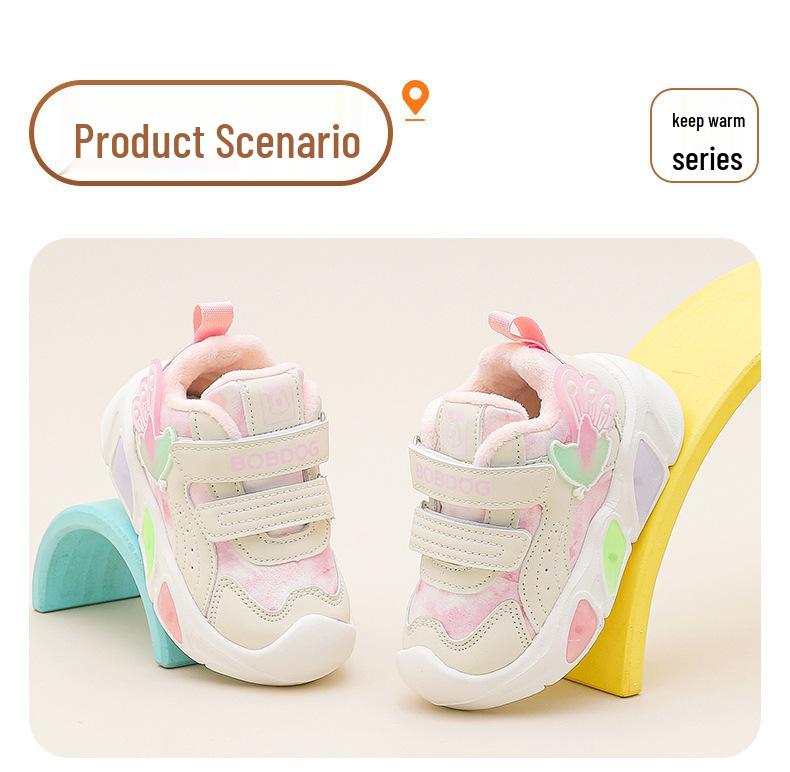 Bobodou Light-Up Girls' Toddler Shoes - 2025 New Style, Dual-Layer Cotton, Velvet-Lined for Autumn/Winter