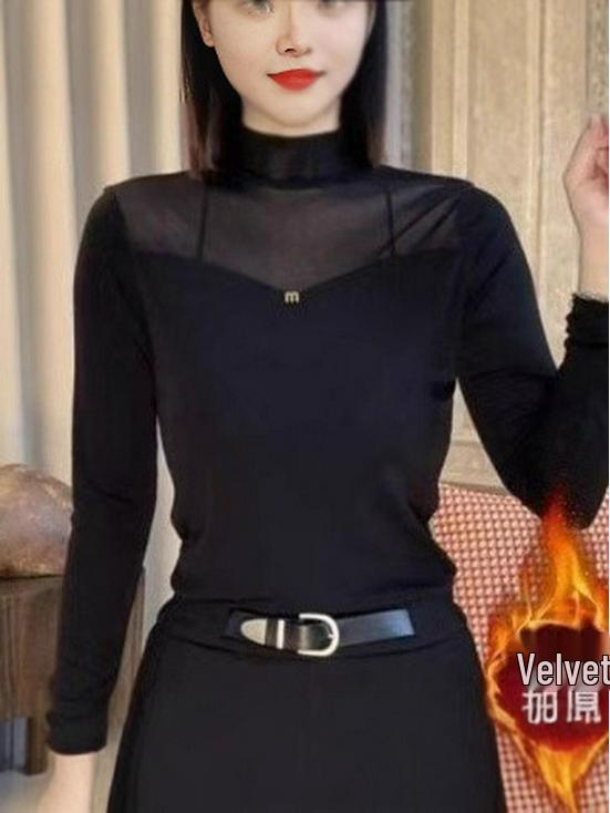 

Women s Semi-High Neck Slimming Mesh Long Sleeve Top - Autumn/Winter Fashion 2XL чорний