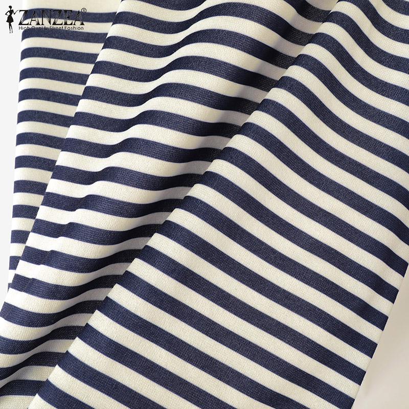 ZANZEA Womens Round Neck Long Sleeve Casual Stripe Blouse