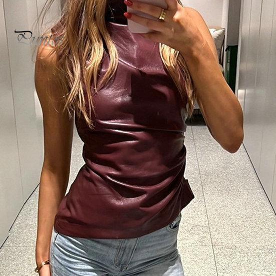 Moda damska kamizelka motocyklowa kołnierz z kołnierzykiem bez rękawów dekoracje na zamek błyskawiczny topy nieregularny brzeg rozciągliwy top ze sztucznej skóry