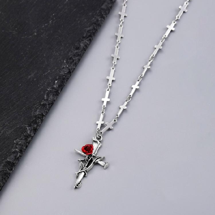 Versatile Crucifix Pendant Chain Rose Detailing Adjustable Necklace for Everyday Outfits Religious Accessory Jewelry