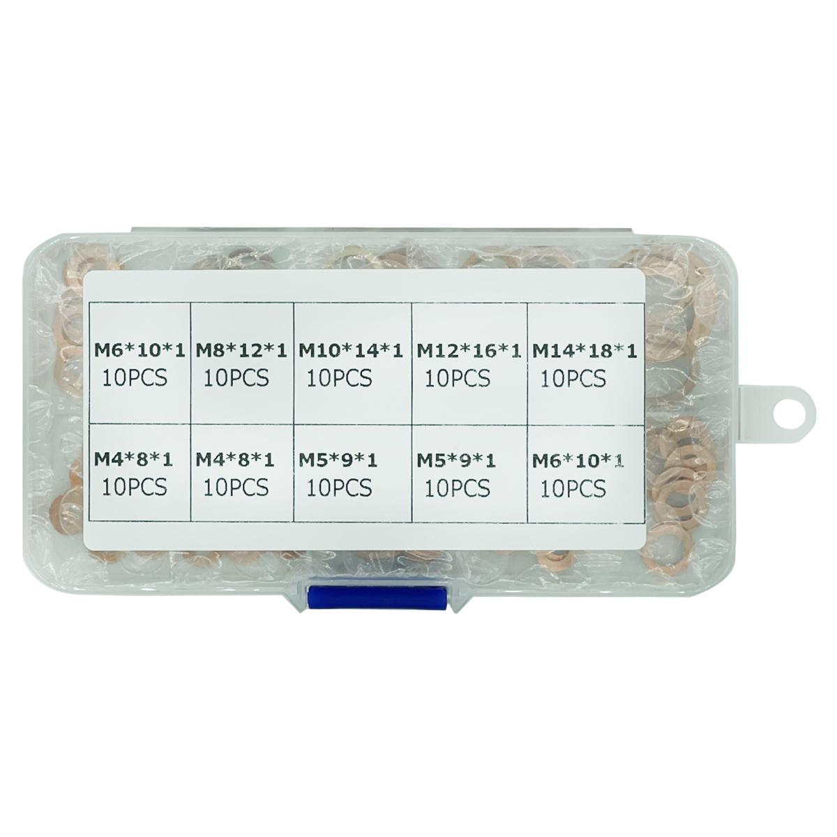 

100 шт. медная шайба, прокладка, гайка и болт, набор плоских кольцевых уплотнений, комплект с коробкой M4/M5/M6/M8/M10/M12/M14 для пробок поддона