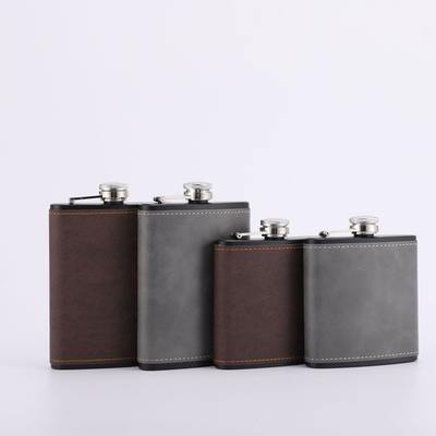 6/8oz Portable 304 with Leather SS Flagon Whiskey Vodka Wine Pot Hip Flask Set Alcohol Drinking Pocket Bottle Outdoor Custom
