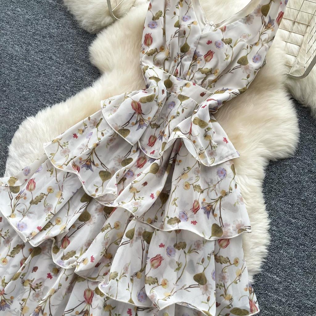 Summer Vacation Floral Printed Halter Chiffon Tiered Maxi Dress for Women Sexy V-Neck Backless Lace-up Ruffles Holiday Long Dress