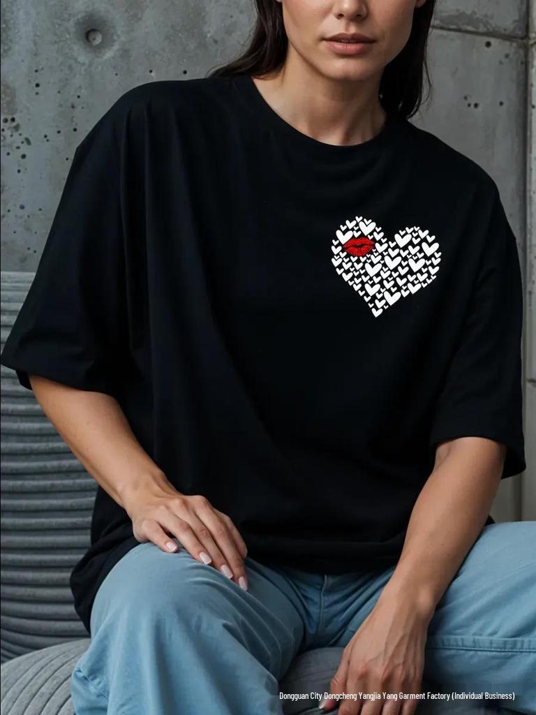 Women's Stylish Heart Print Cotton Short Sleeve Top - Trendy & Versatile Summer Arrival