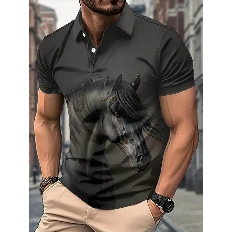 Men's Polo shirt Animal Graphic Print Outdoor Casual O Neck fine horse Short Sleeve Street Fashion Male Oversized Clothing