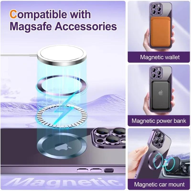 Electroplate Glitter Case For iPhone 16 15 14 13 12 11 Pro Max Plus For Magsafe Wireless Charge Bumper Cover With Lens Protector