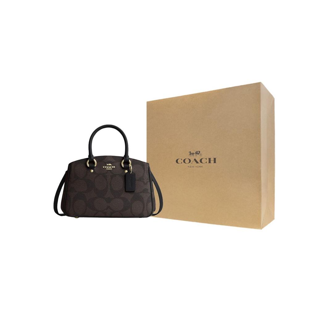 Coach Savannah 28 Verstelbare Afneembare Schouderband Klassiek Logo Print Gecoat Canvas Tote Bag Grote Dames Tote Bags Walnoot Zwart CAL53-IMXAQ