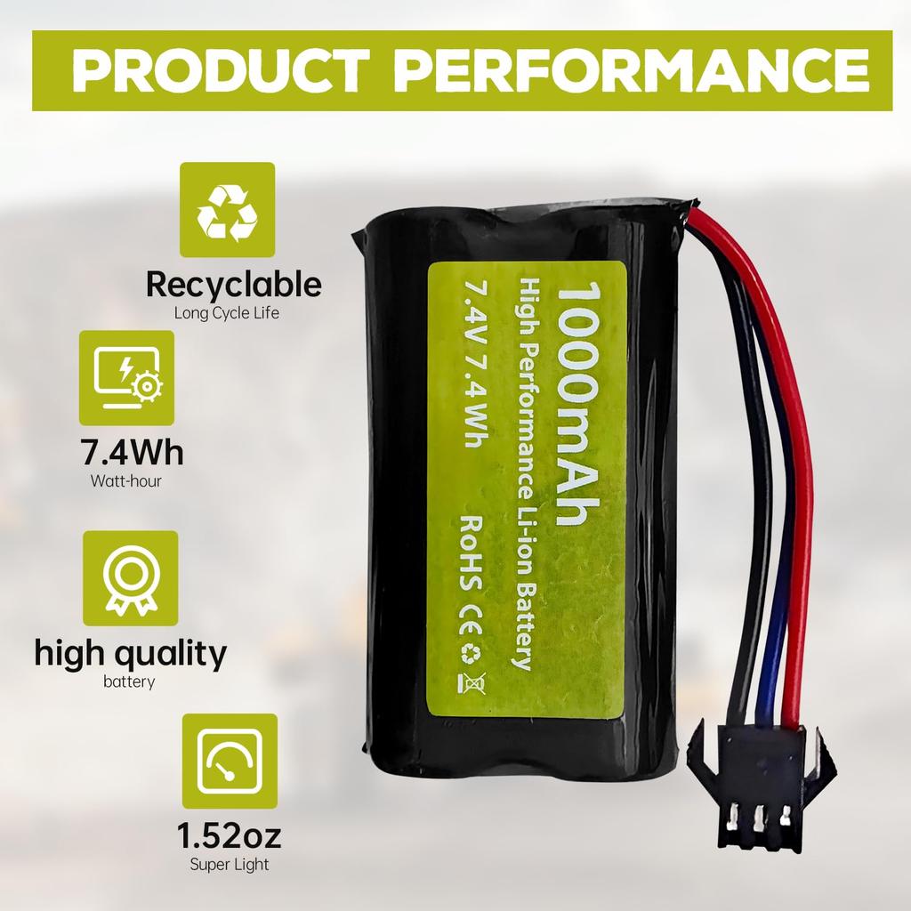 2PCS 7.4V 1000mAh 2S Li-ion Battery with SM-3P Plug and USB Charging Cable for DE82, TK3086B, G20601 RC Remote Control Car, TK-3082B, Special