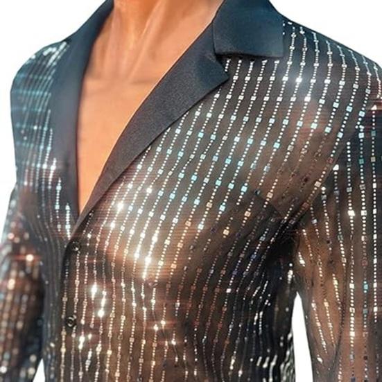 Men's Sequin Glitter Shirt Long Sleeve Lapel Button Down Disco Shirt Retro Sexy Thin Shirts for Bar Dancing Night Club Disco Party