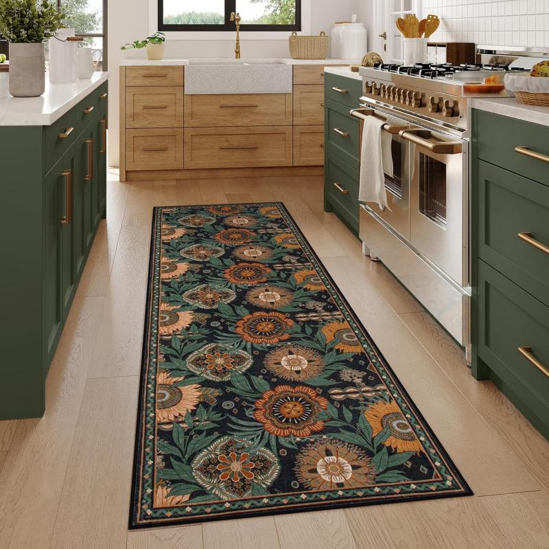 Boho Floral Green Runner Rug Water-Absorbent and Non-Slip Kitchen Mat Hallway Living Room Carpet Home Decoration