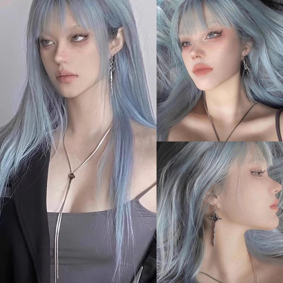 Graublaue, lange, glatte Kunsthaarperücke für Damen, Lolita-Perücke mit glattem Pony, graublau, flauschig, lange, glatte Perücke