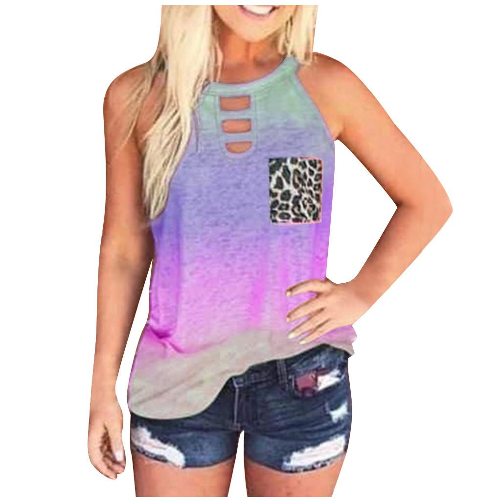 Womens Tie-Dye Leopard Pocket Sleeveless Tank Top Casual Summer Blouse Shirts