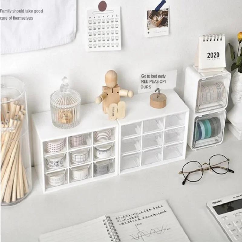 Ins Nine-grids Storage Box Dustproof Drawer Type Box Desktop Stationery Jewelry Cosmetics Storage With Lovely Stickers