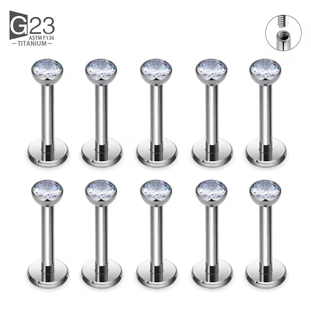 10Pc/50Pc G23 Ttianium Labret Ear Lip Stud Jewelry Square CZ Stone Cartilage Tragus Earring Tongue studs Threaded Body Jewelry