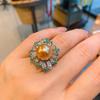 Australian Fritillary Pearl Slightly Set With Green Diamonds, Fashionable Ring, Adjustable Ring
