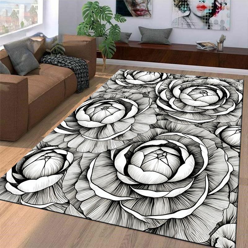 Black and White Floral Design Carpet, Elegant Rose Pattern for Home Decor Suitable for Use As an Anti-slip for Living Room Bedroom Sofas
