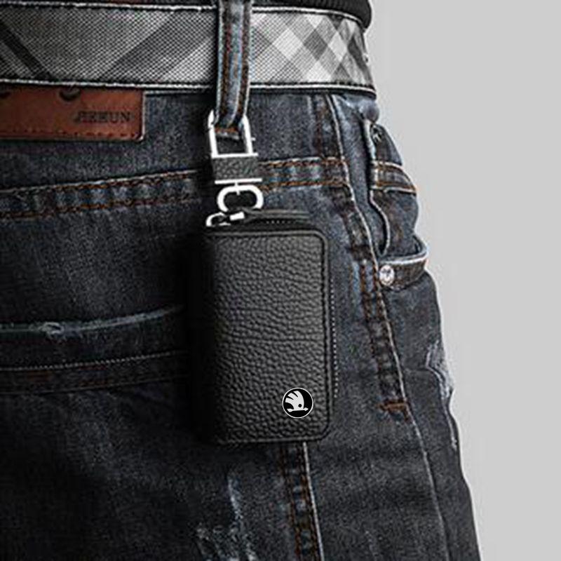 Genuine Leather Key Case Zipper Key Cover Car Accessories Tools for Skoda RS Rapid Yeti Karoq Vision Octavia Kodiaq Kamiq Fabia BI7