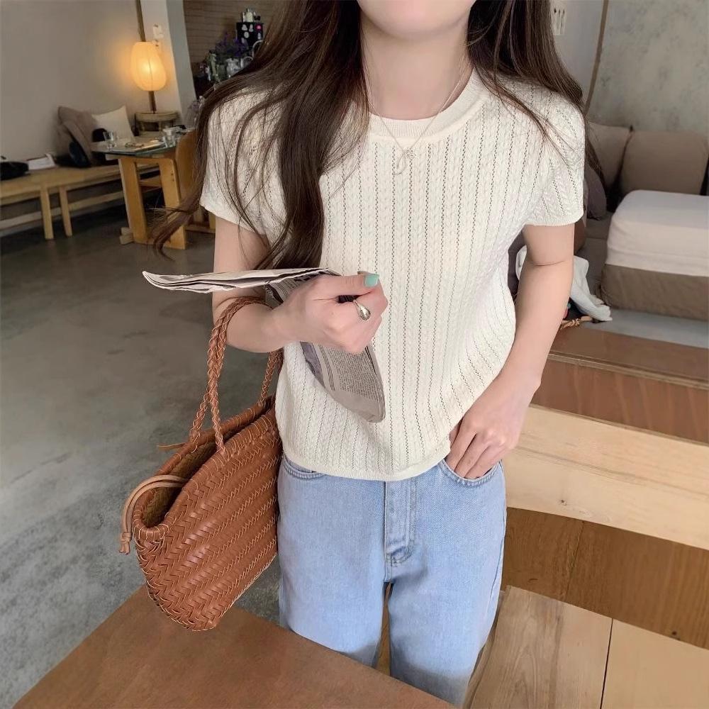 Korean Style Twist Hollow Knitted Short Sleeve Women's Spring/Summer 2025 Top