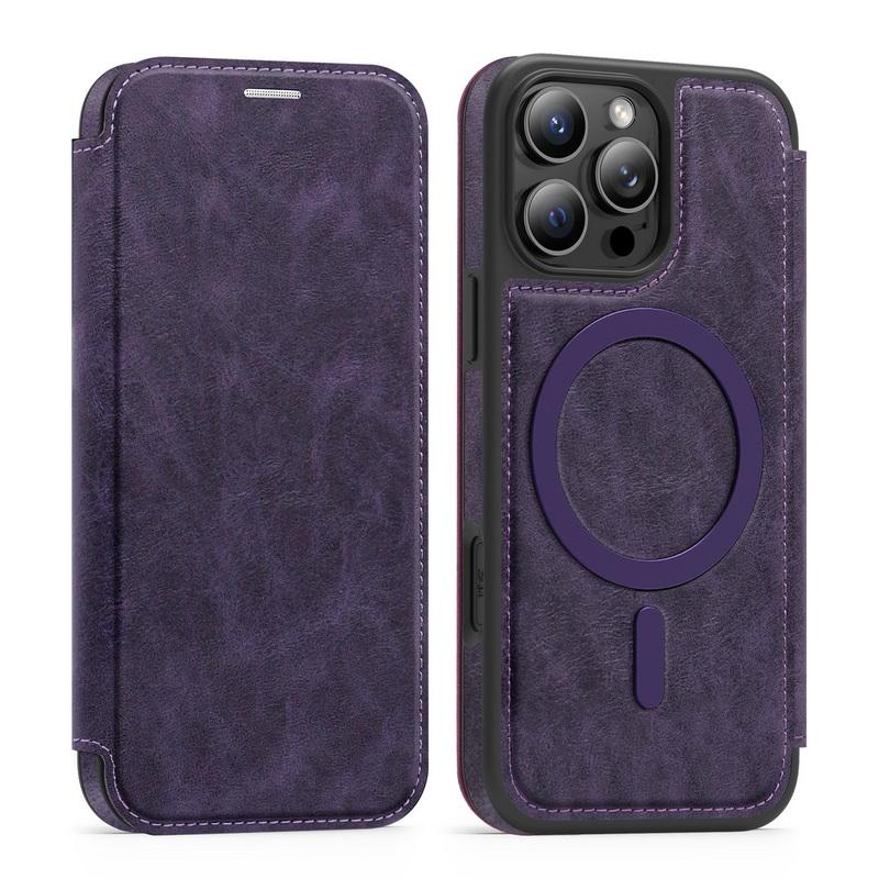 

Розкішний шкіряний чохол-книжка з відділенням для карток для iPhone 16 Pro Max 15 Pro 14 13 12 11 для Magsafe Протиударний Бездротова зарядка Магнітна накладка-бампер iPhone 14 темно-фіолетовий колір