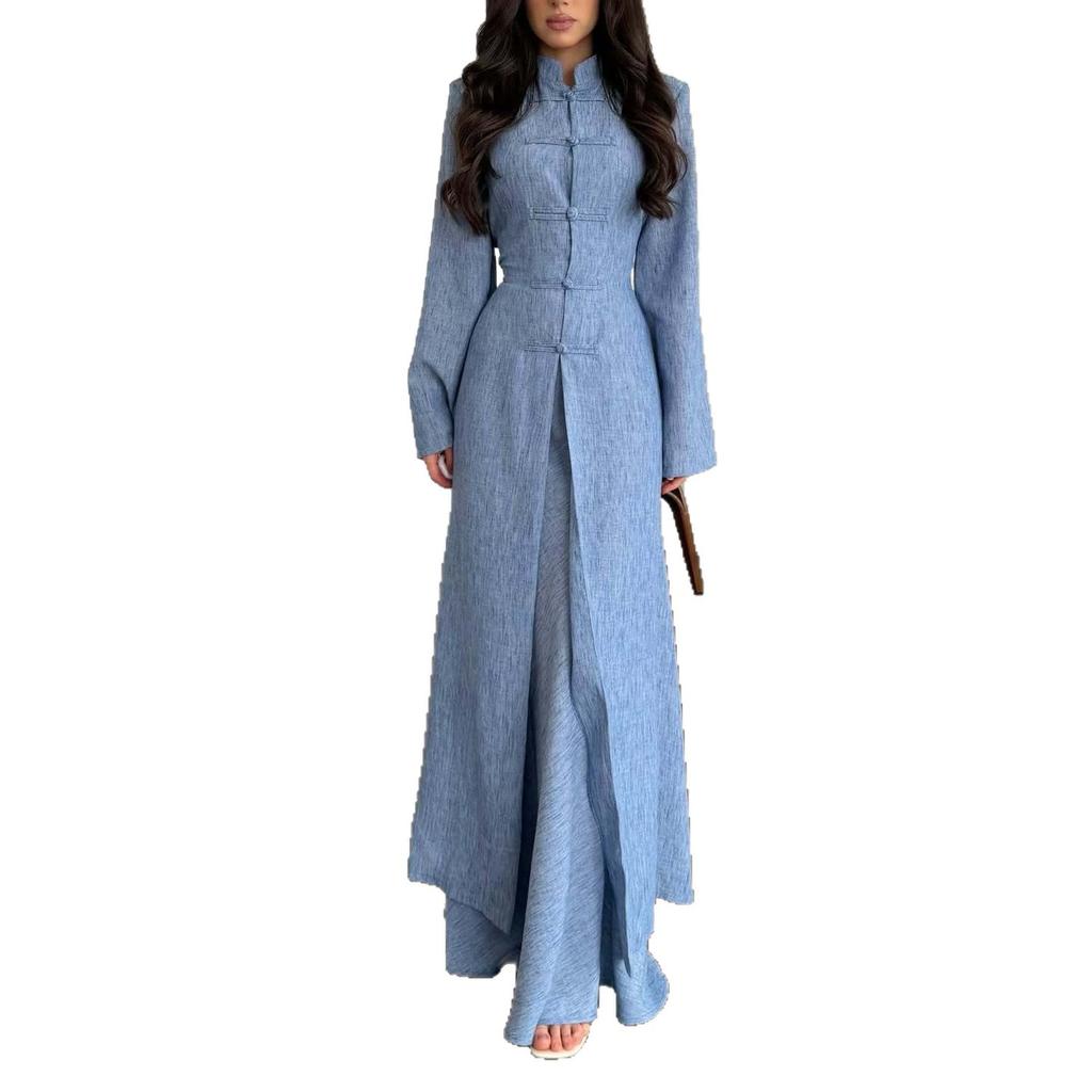  Spring and Autumn New European, American Amazon Cross-border Stand-up Collar Chinese Button Long Jacket Dress Set