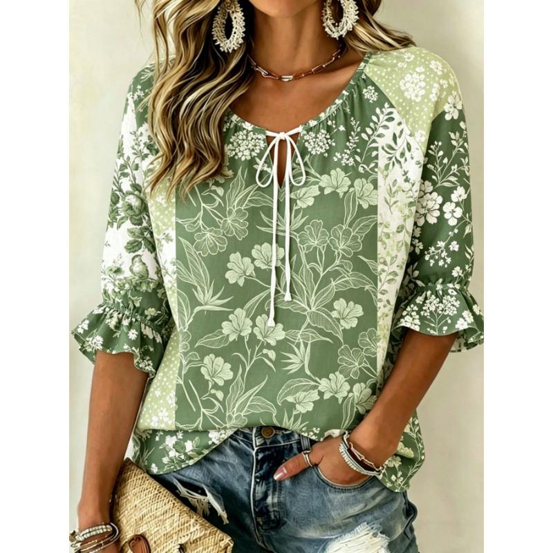 Women's Beige Gray Floral Print Tie Neck Blouse, Casual Loose Tops for Spring Summer Daily Wear & Vacation Occasions