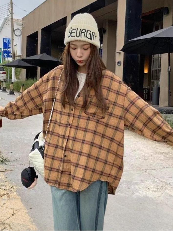 Women's Retro Plaid Shirt - French Chic, Loose Fit, Perfect for Spring & Autumn