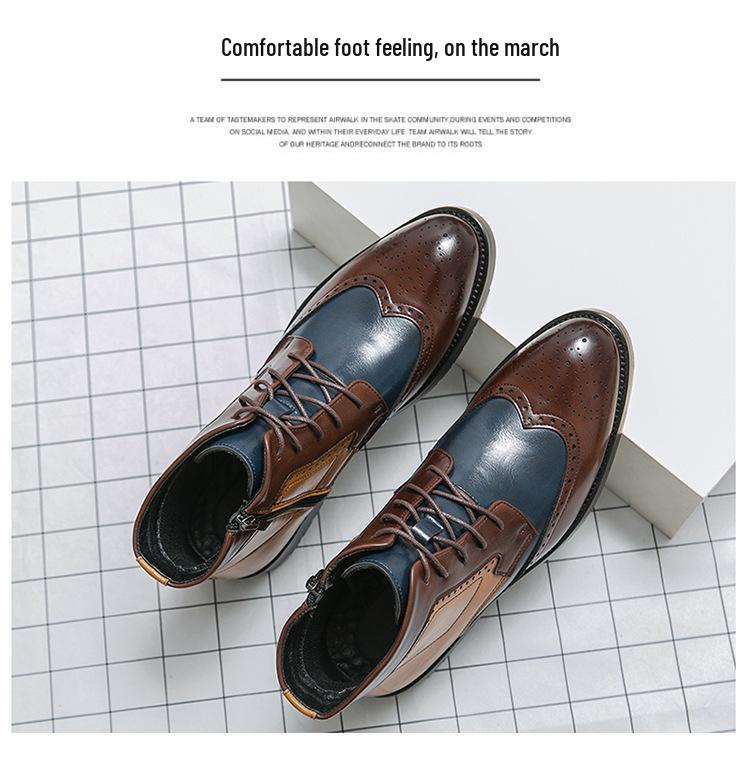 Men's Autumn Plus Size Colorblock Pointed Toe Leather Ankle Boots - Formal/Casual High-Top with Zipper