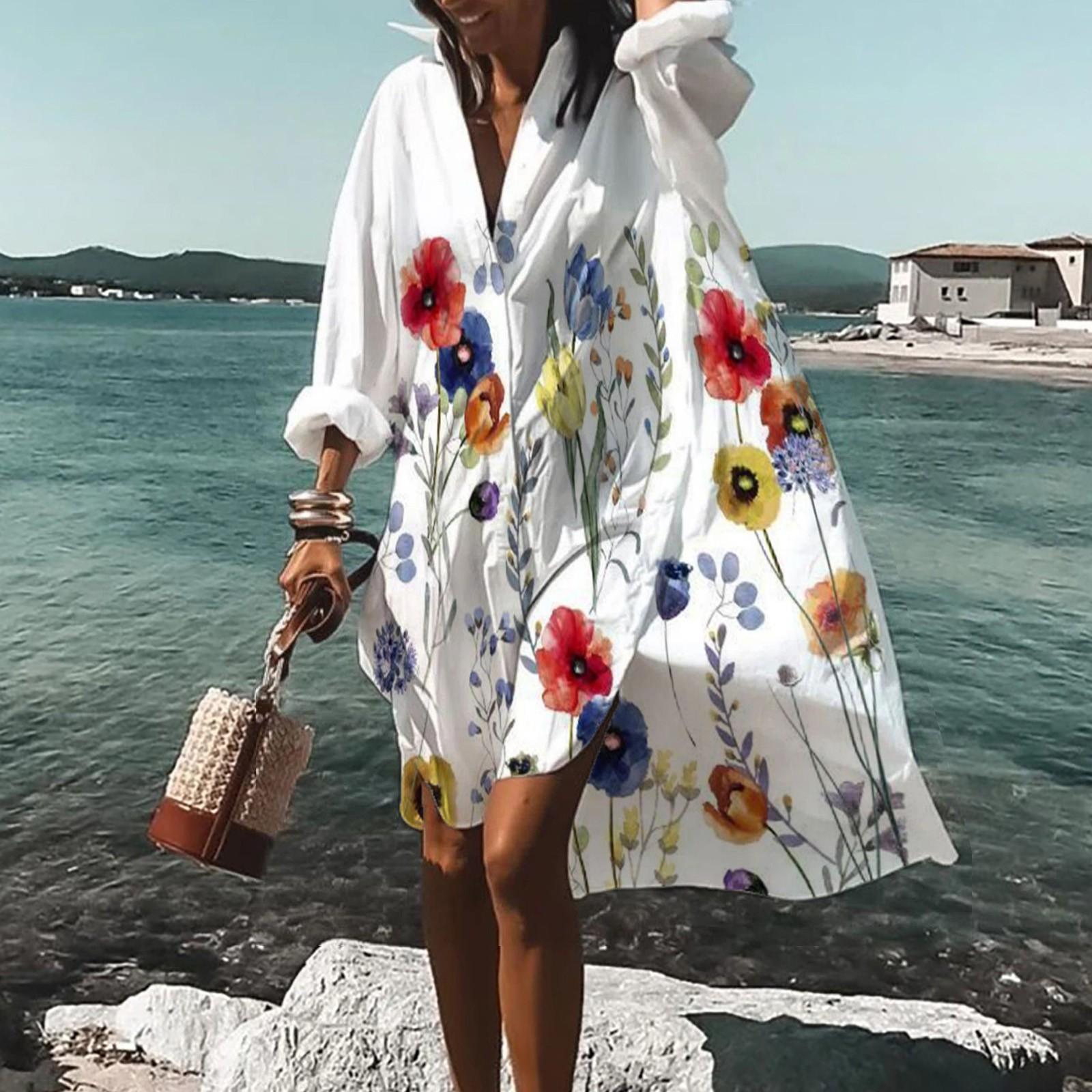 

Женское летнее богемное платье, повседневное платье-рубашка с принтом для женщин, модное пляжное гавайское платье с длинным рукавом, Клубная одежда на пуговицах XXL