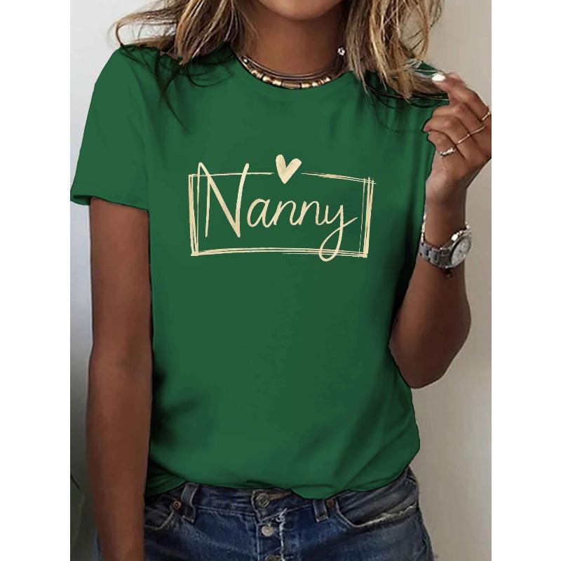 

Nanny with Heart Symbol Print T-Shirt, Short Sleeve Crew Neck Casual Top for Summer & Spring, Women S Clothing 4XL