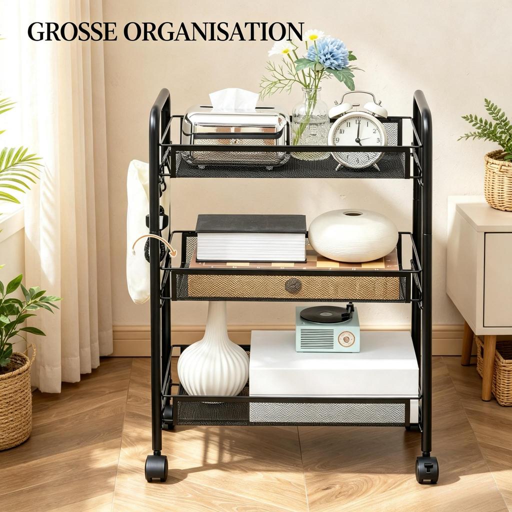 Three-Tier Rolling Cart with Mesh Baskets and Hooks, Modern Storage Cart, Versatile Kitchen Cart, Elegant Rolling Shelf Cart (only with storage cart)