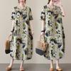 Summer Literary Loose Cotton and Linen Printed Round Neck Short-sleeved Dress Women's Mid-length