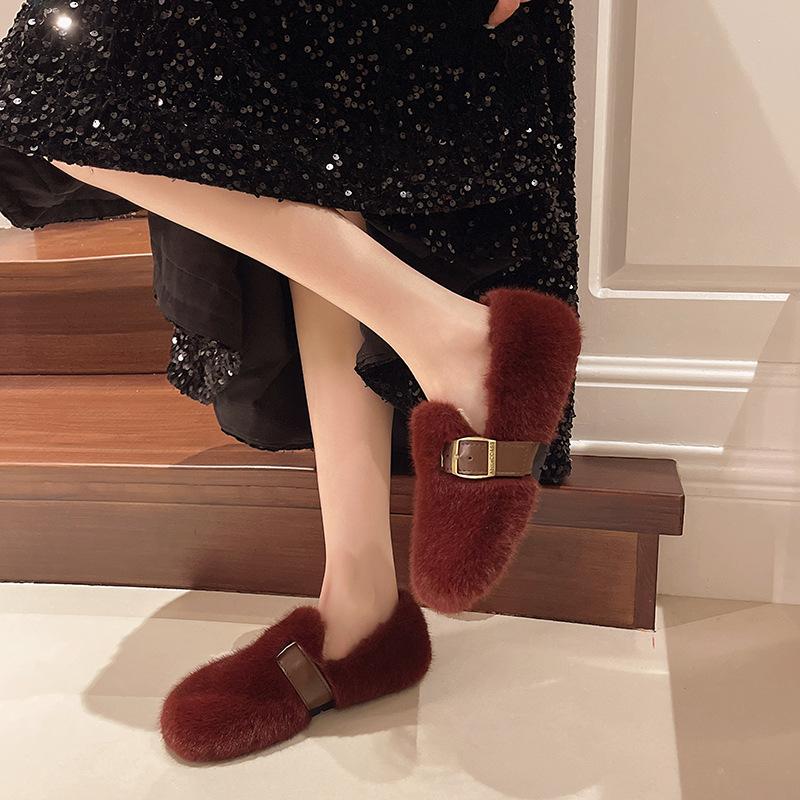 French Fluffy Shoes for Women's Outer Wear 2025 Autumn and Winter New One-pedal Plush Mary Jane Doudou Single Shoes Cotton Shoes