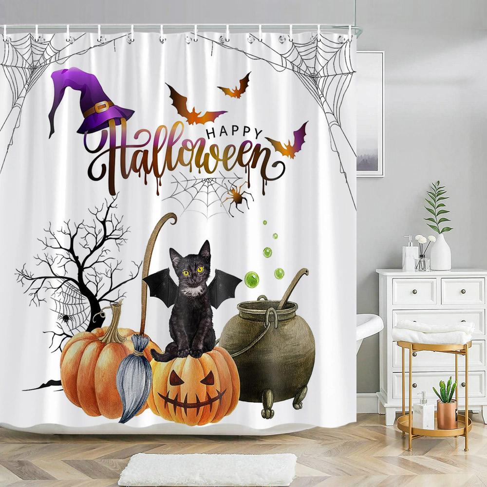 Scary Halloween Shower Curtains Black Cat Pumpkin Shower Curtain Witch Purple Bat Spider Web Cloth Shower Curtain Bathroom Decor