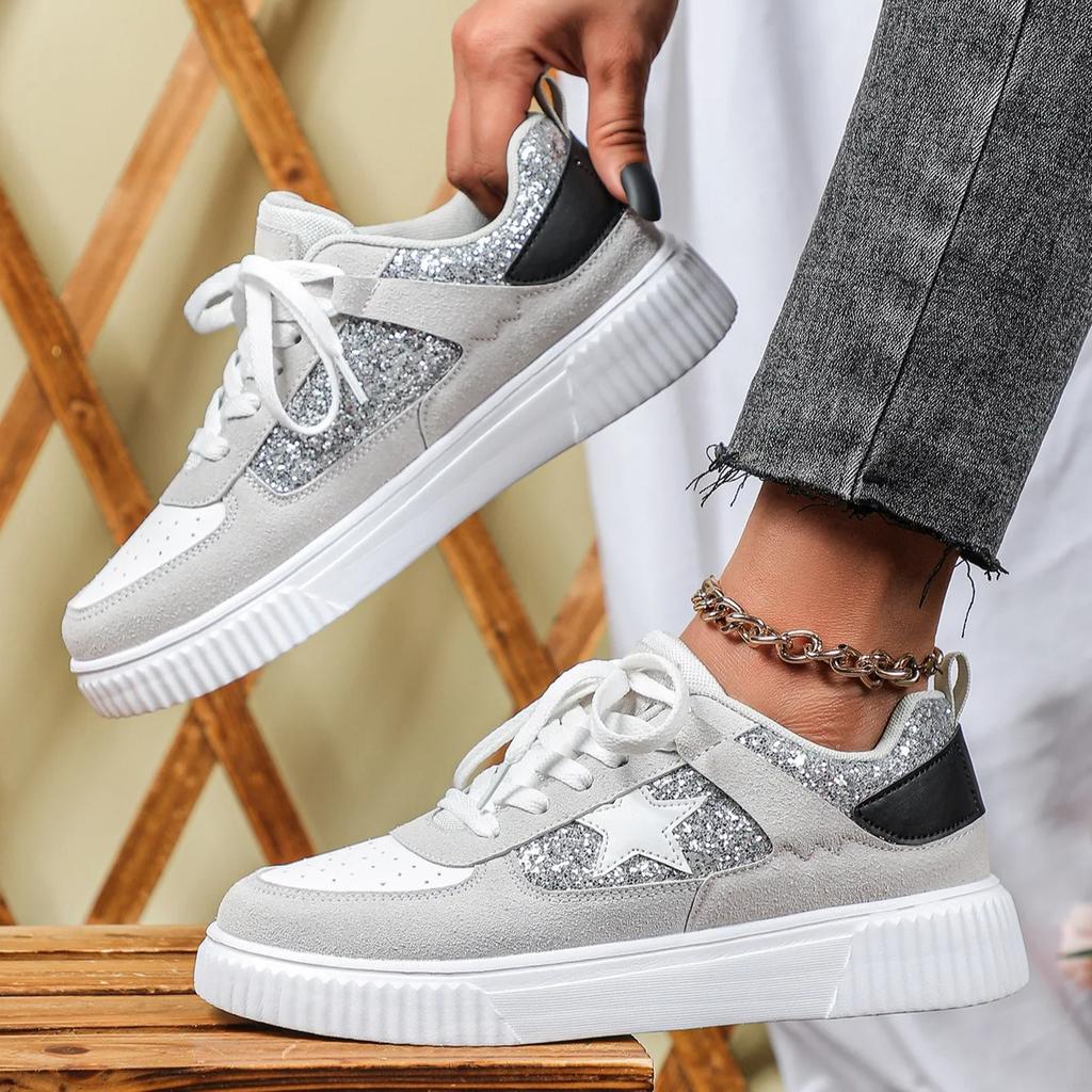Trendy Women Board Shoes Walking Flats Fashion Sequin Casual Sneakers Daily Versatile Leisure Shoes Breathable Flat Shoes