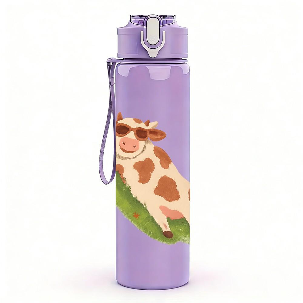 1PC Lying Spotted Cow Cartoon 750ml Color Plastic Sports Water Bottle Leakproof Flip Straw Lid Suitable for Sports Office Home Use