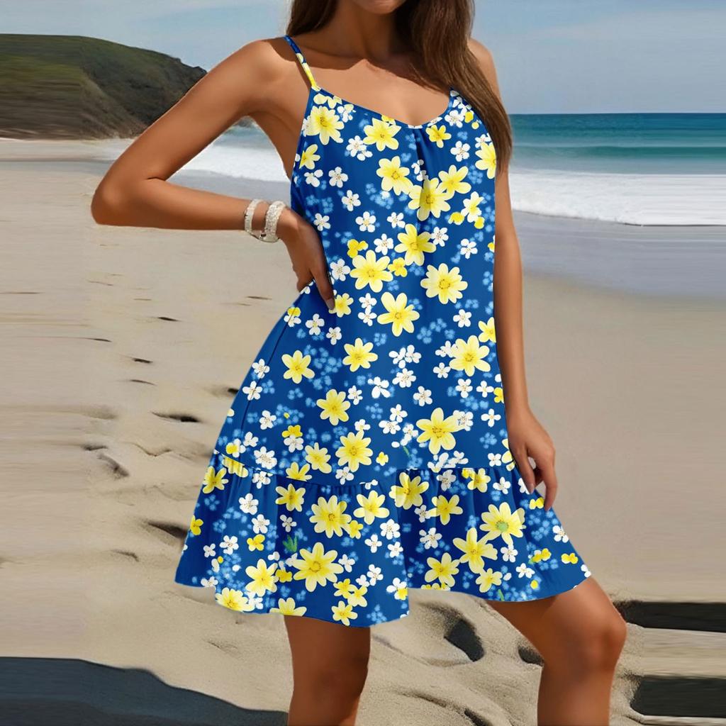 Women's Fashion Casual Sleeveless Round Neck Loose Floral Print Beach Dress