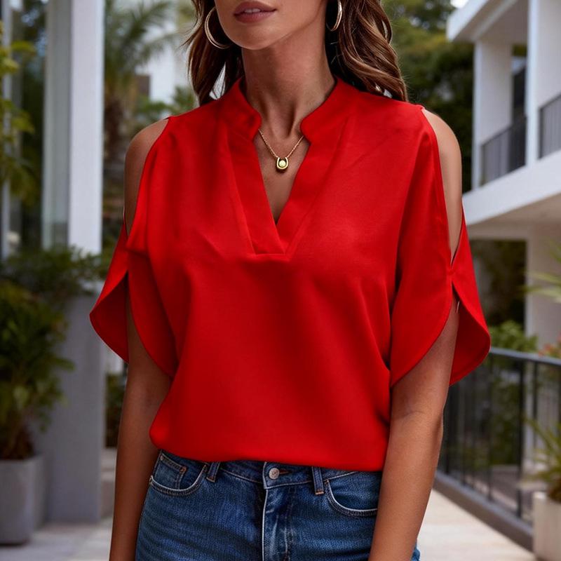 2026 Women's Off-the-Shoulder High-End Solid Color Short Sleeve Loose Shirt Base Layer