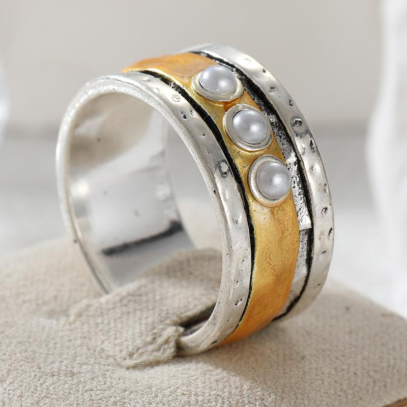 Vintage Inlaid Imitation Pearl Women's Ring Ethnic Two Color Geometry Daily Wear Party Jewelry Anniversary Gift