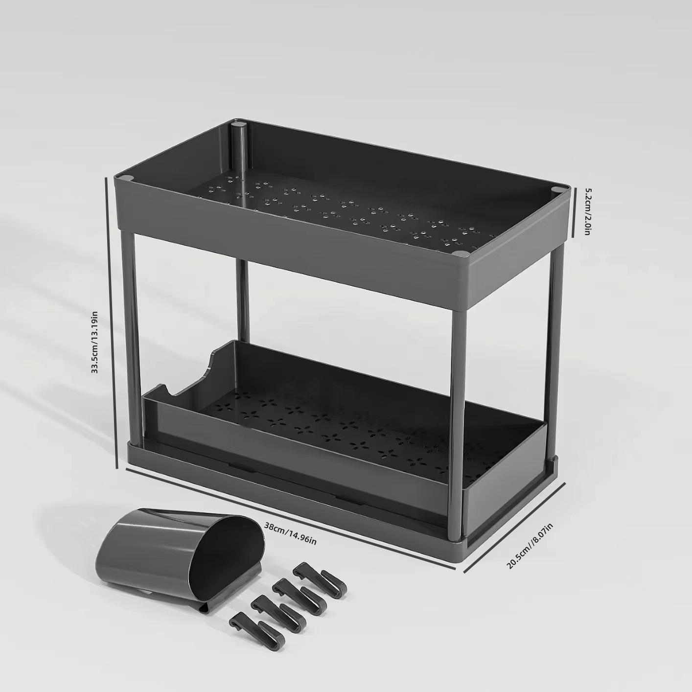 

2-Tier Sliding Under Sink Organizer - Cabinet Basket Storage Rack with Hooks and Hanging Cup for Kitchen and Bathroom чорний