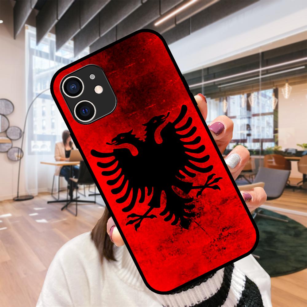 For iPhone  11 12  8 Plus Mini Pro X XR XS Max 4 5 7 6 6S 8 SE Phone Case Black Cover Shell Soft Etui Albanian Flag Eagle