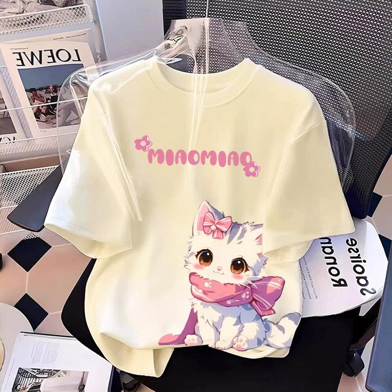 T-shirt Stampata con Grafica di Gatto Cartone Animato per Ragazza Estiva Casual da Donna per Bambini a Maniche Corte Abbigliamento