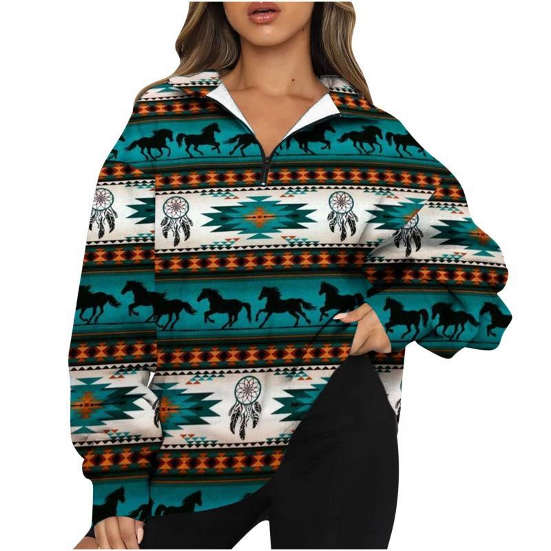 2025 Women's Printed Top Half-zipper Pullover Long-sleeved Sweatshirt Female