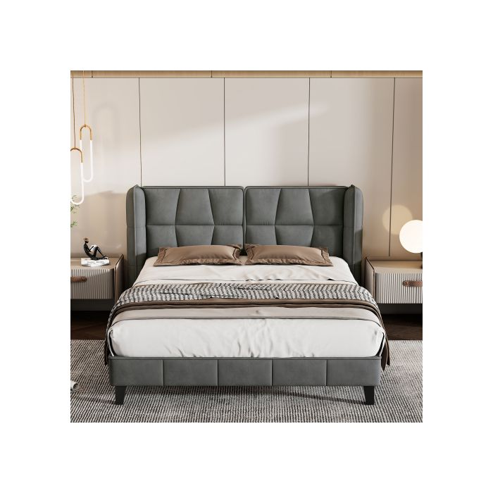 Lit rembourré - MUVOE - 140x200 cm - Velours gris - Tête de lit rembourrée - 2 places